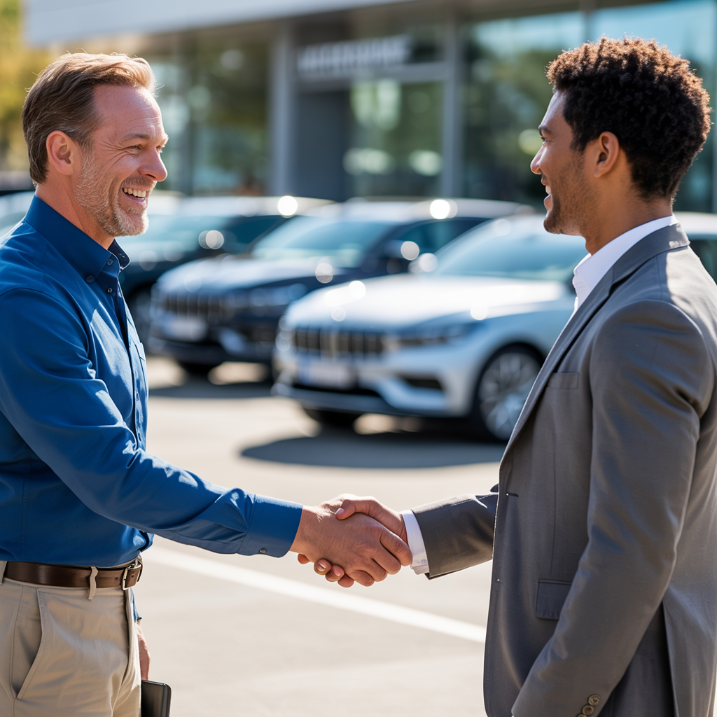Happy customer receiving cash offer at MAP Automotive Buying Center